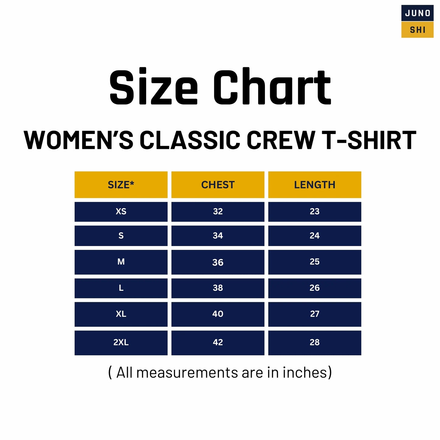 Size chart for JUNOSHI Women's Classic Crew T-Shirt — chest and length measurements in inches for XS to 2XL