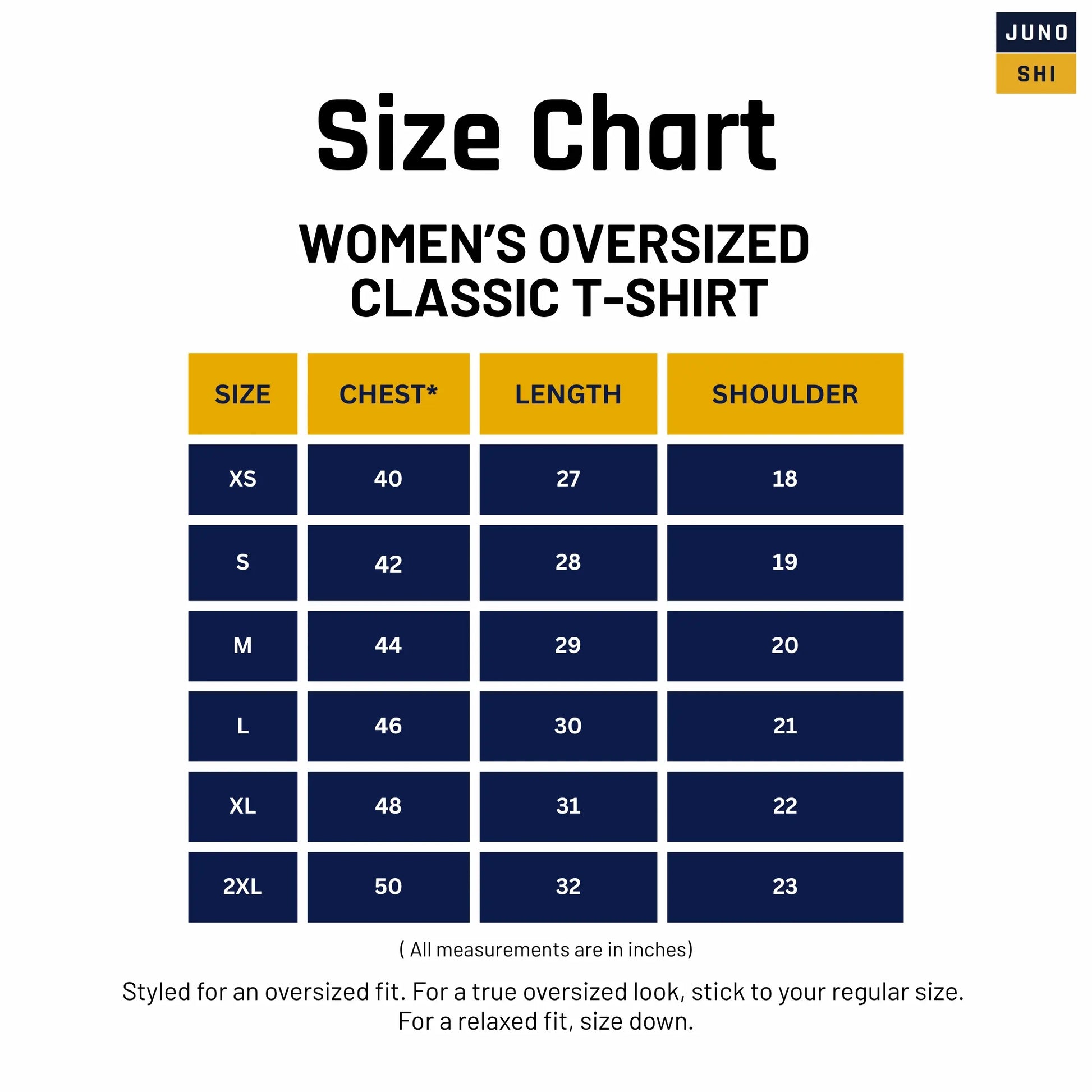 Size chart for JUNOSHI Women's Oversized Classic T-Shirt — chest, length, and shoulder measurements in inches for XS to 2XL, with fit guide for women