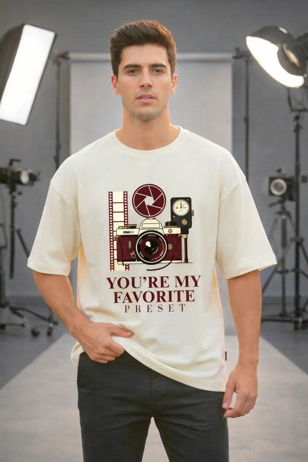 JUNOSHI You're My Favorite Preset oversized cream t-shirt for photographers — front view on male model in photography studio