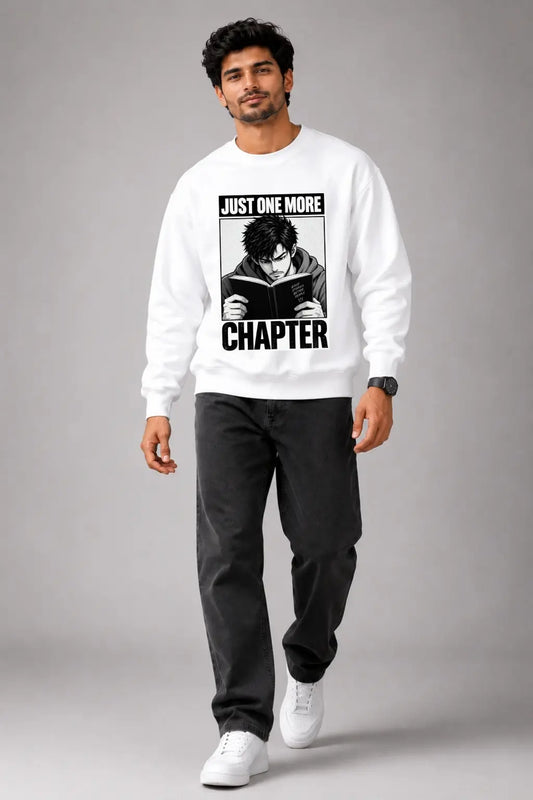 Just One More Chapter — Bookworm Anime Oversized Sweatshirt in White, Full Front View | JUNOSHI