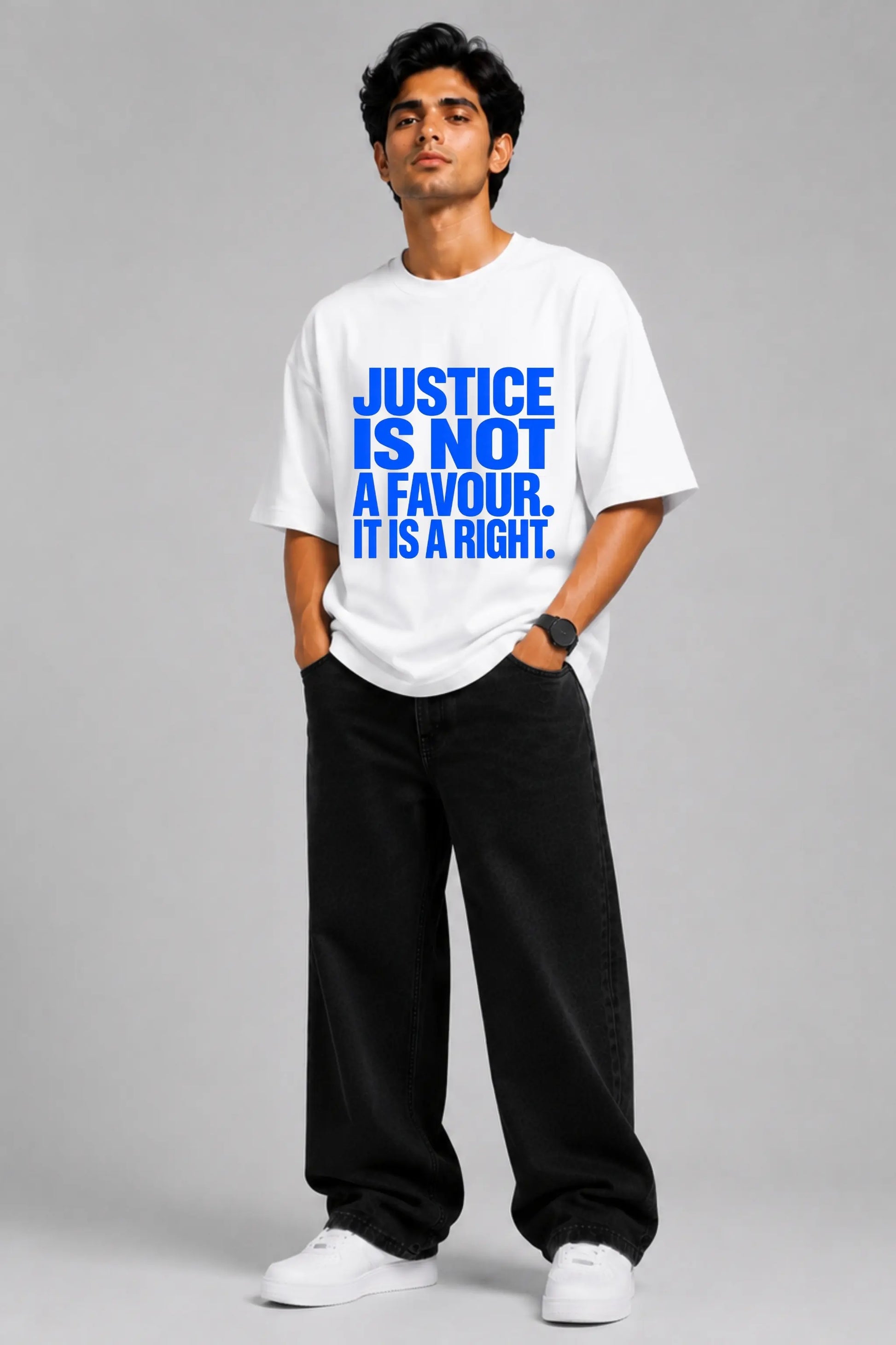 Justice Is Not A Favour — Unisex Constitutional Pride Oversized Tee for Men | JUNOSHI