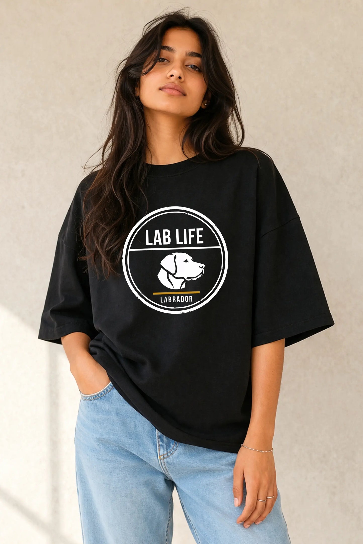 Lab Life Labrador Oversized Tee Black — Women Front View — Pet Parent Streetwear