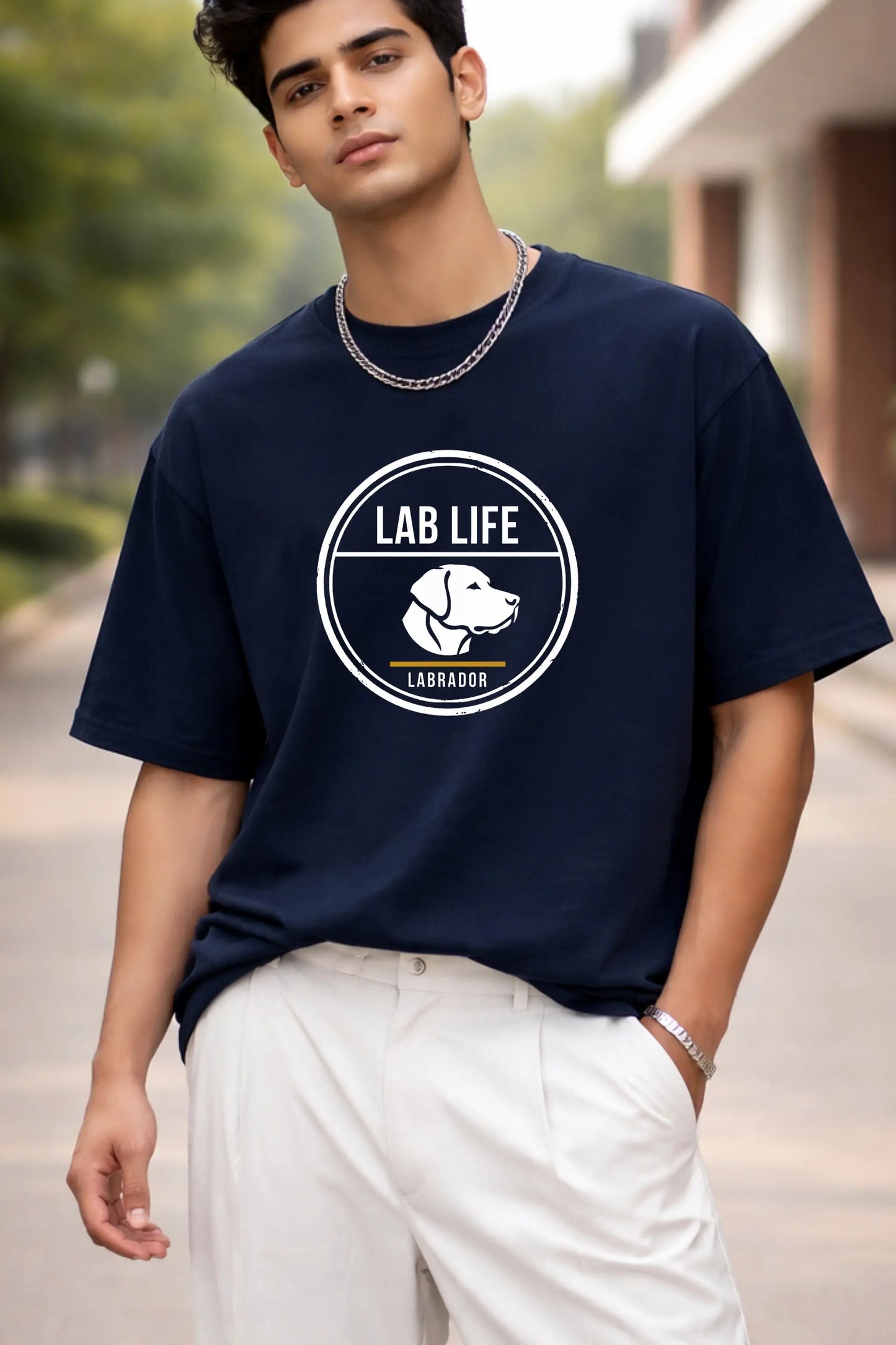 Lab Life Labrador Oversized Tee Navy Blue — Men Outdoor Lifestyle Shot — Pet Pawtrait Collection