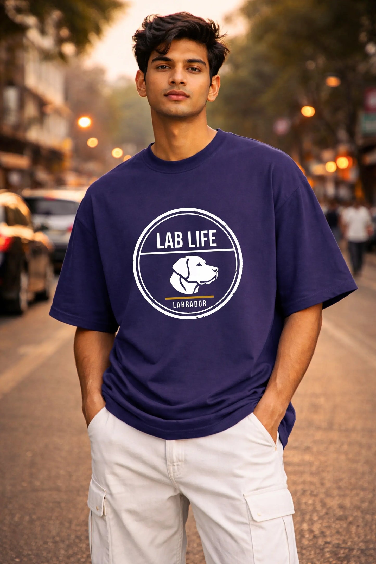 Lab Life Labrador Oversized Tee Navy Blue — Men Street Style India — Labrador Dog Parent Tee