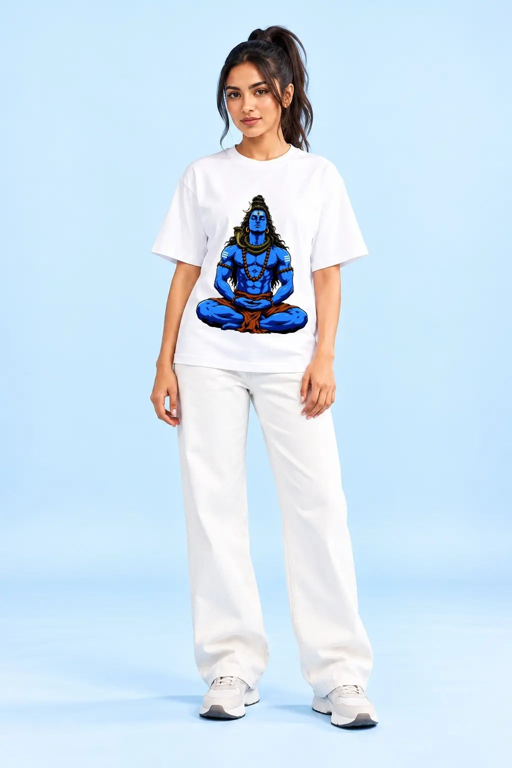 Blue Lord Shiva Meditation, Devotional Oversized Classic Tee on Female Model, Front View | JUNOSHI