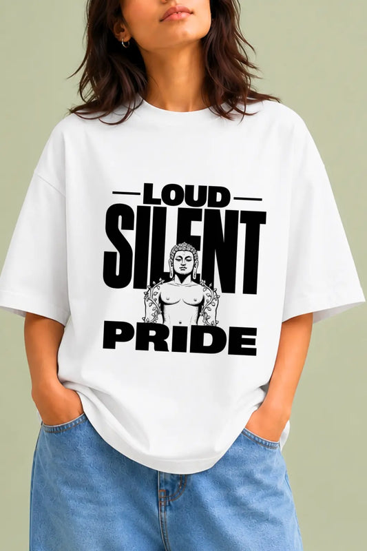 Loud Silent Pride — Buddha Graphic Print Close-Up on Oversized Tee | JUNOSHI