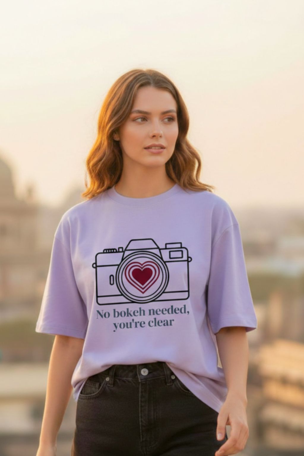 Love Focus Photographer Tee in lavender — woman wearing oversized fit, walking outdoors, Romance Edit | JUNOSHI