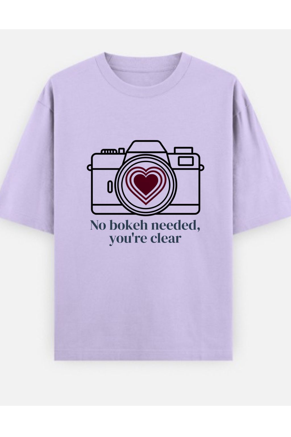 Love Focus Photographer Tee — lavender oversized unisex tshirt flat lay, camera heart lens print | JUNOSHI