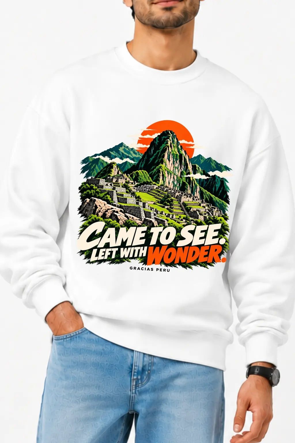 Came to See Left With Wonder Machu Picchu Print — Close-Up Detail on Oversized Sweatshirt | JUNOSHI