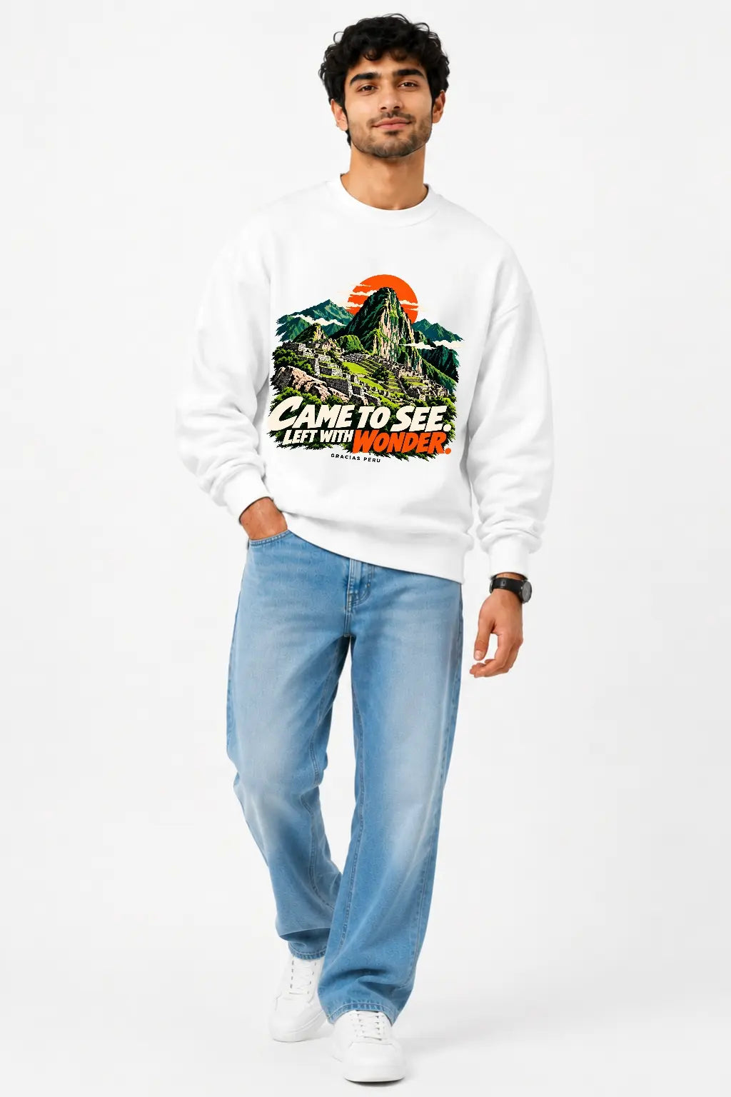Machu Picchu Left With Wonder — Peru Travel Oversized Sweatshirt, Unisex, Front View on Male Model | JUNOSHI