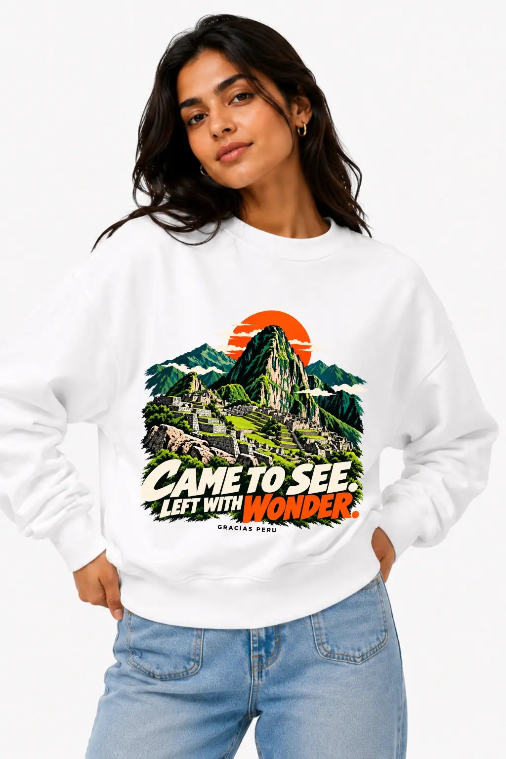 Machu Picchu Left With Wonder — Peru Travel Oversized Sweatshirt Styled on Female Model | JUNOSHI