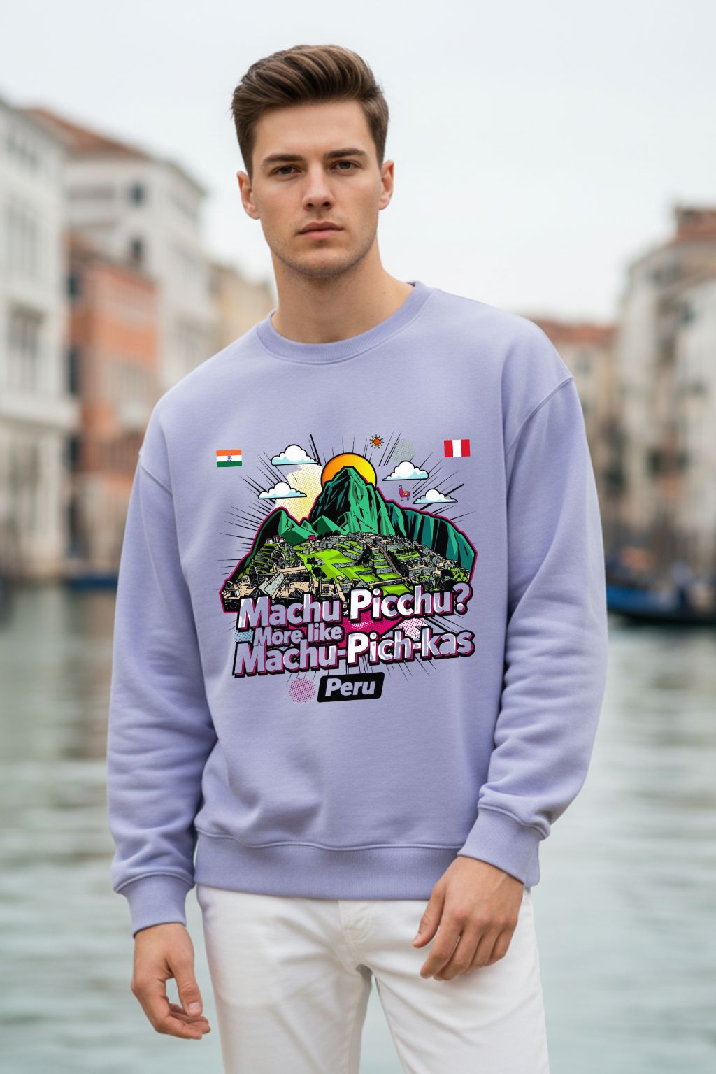 Machu Pich-Kas Peru graphic oversized sweatshirt in lavender — unisex streetwear by JUNOSHI
