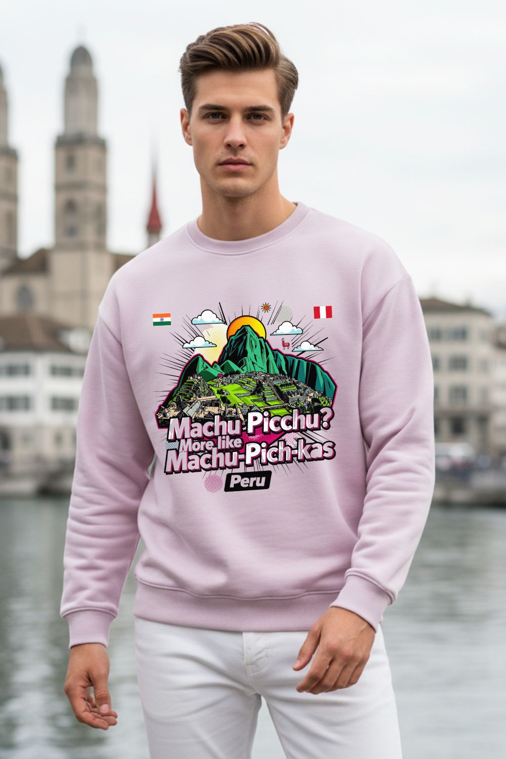 Machu Pich-Kas Peru graphic oversized sweatshirt in light baby pink — travel edition by JUNOSHI