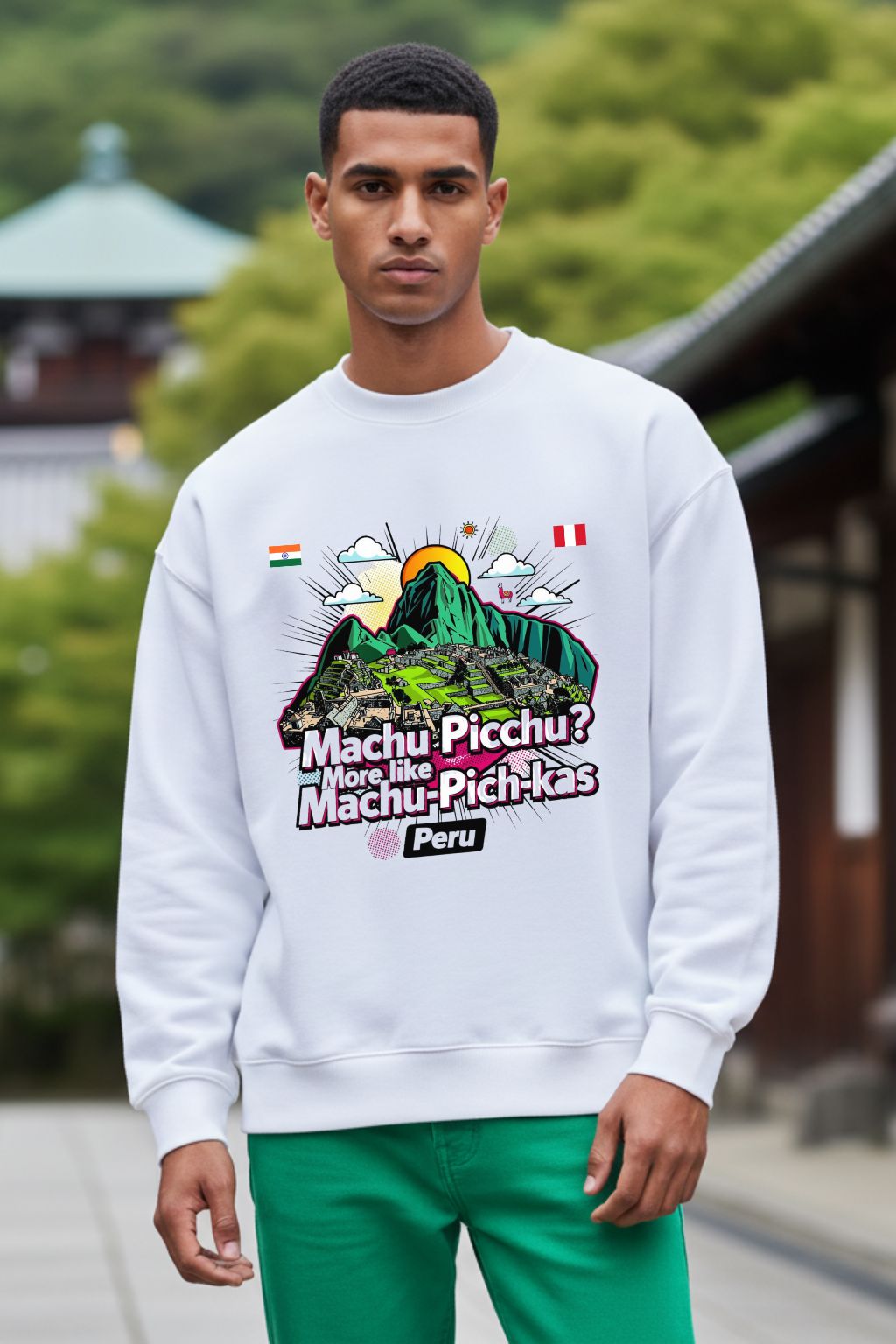 Machu Pich-Kas Peru graphic oversized sweatshirt in white — Wander & Wonder collection by JUNOSHI