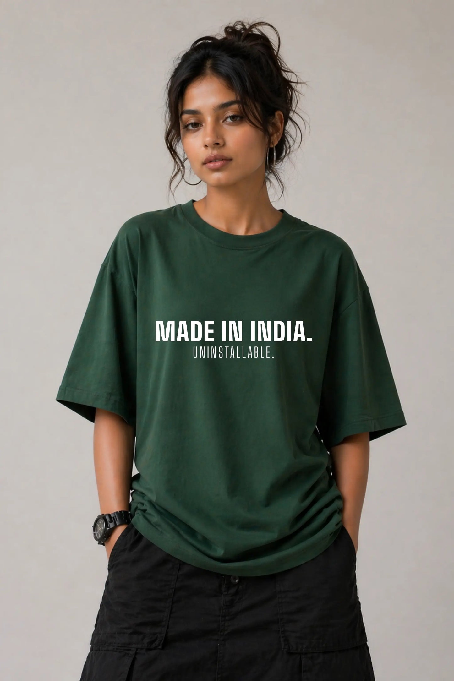 Made In India. Uninstallable. — Bottle Green Oversized Tee, Women's Full Body Styled Look | JUNOSHI Unfiltered