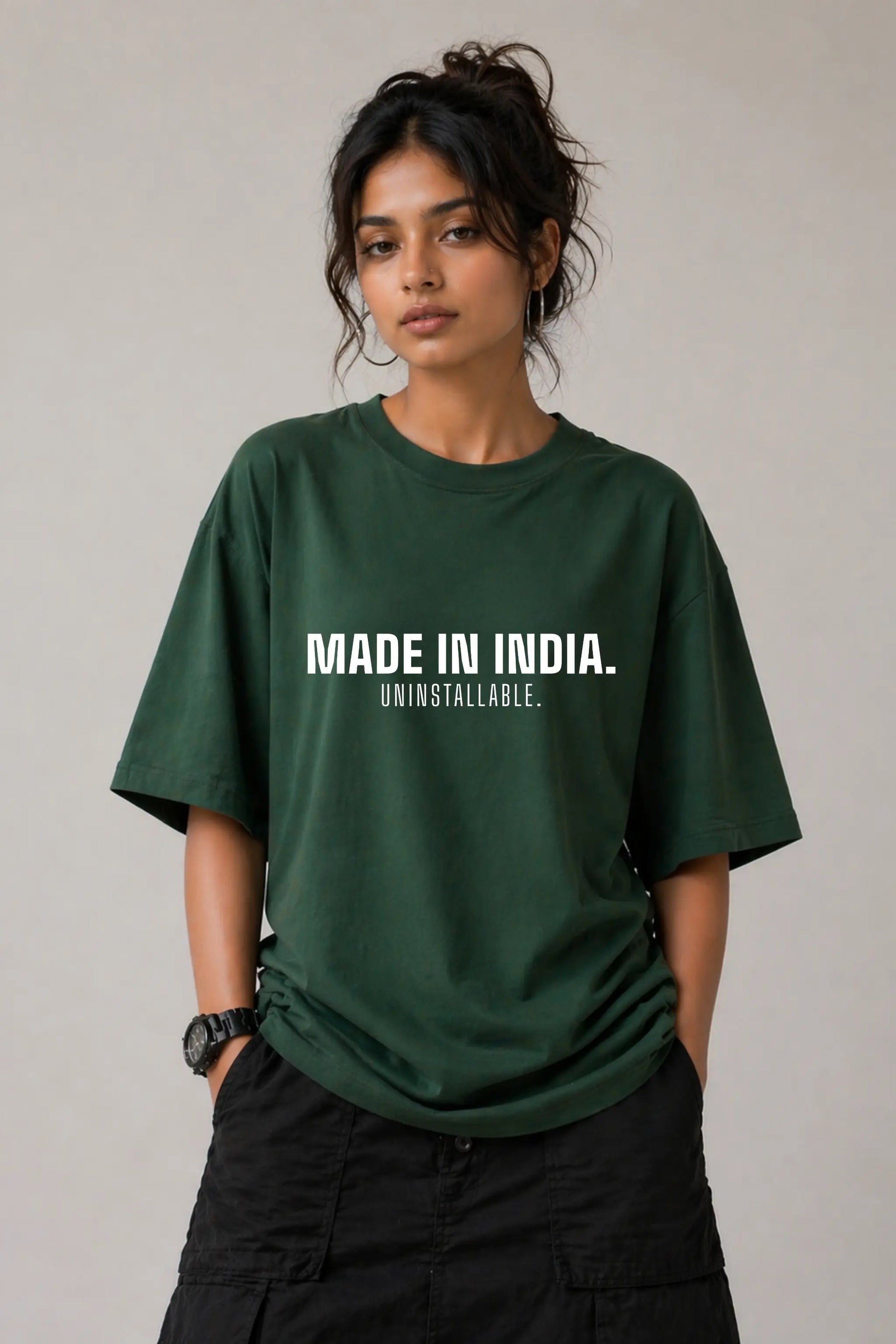 Made In India. Uninstallable. — Bottle Green Oversized Tee, Women's Full Body Styled Look | JUNOSHI Unfiltered
