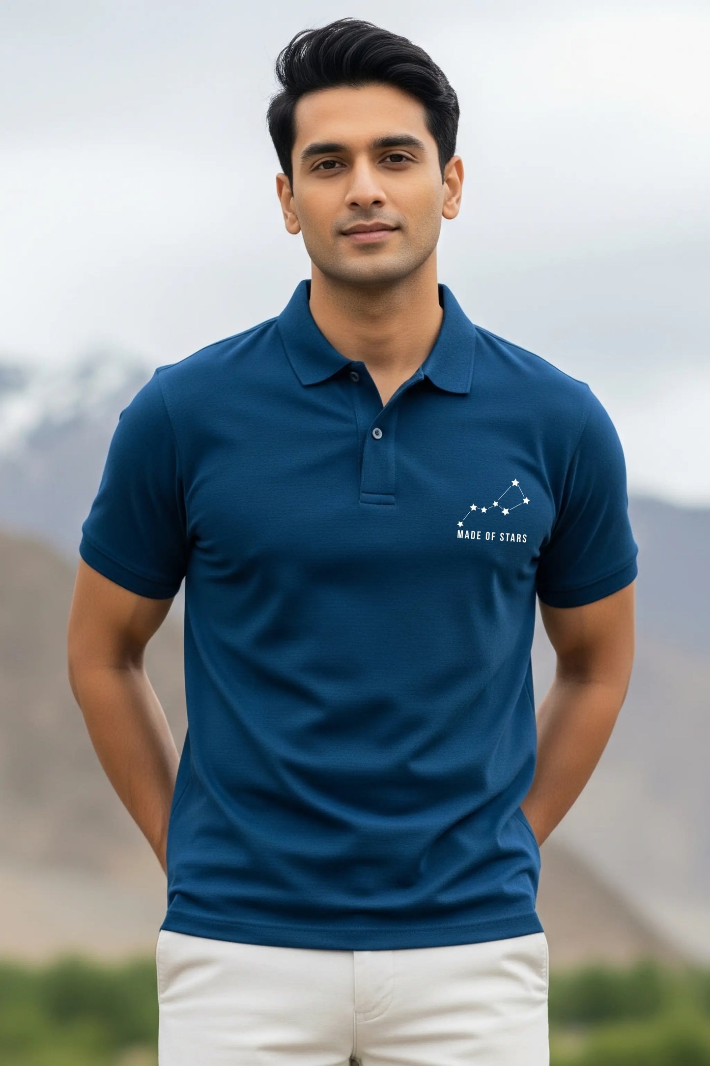 JUNOSHI Made of Stars steel blue polo — Indian man wearing constellation graphic polo with white trousers, standing against snow-capped mountain landscape