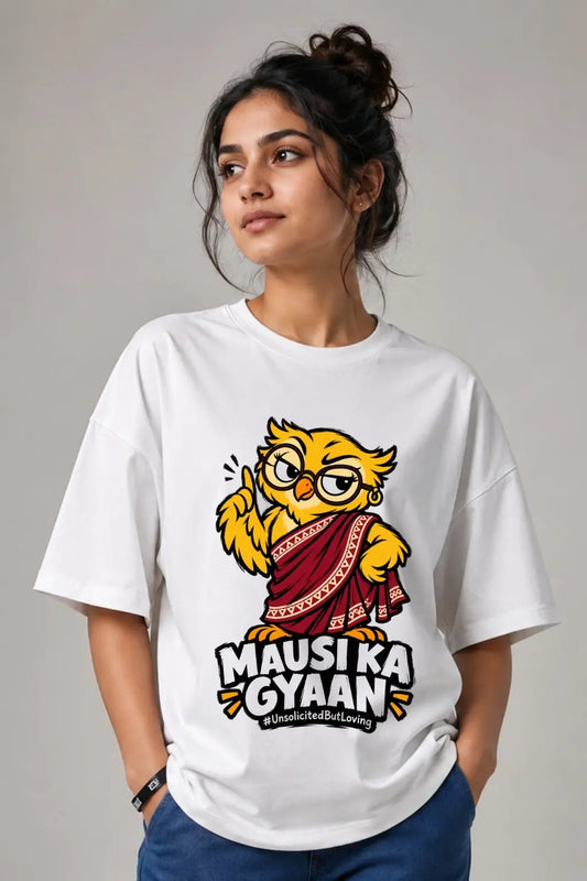 Mausi Ka Gyaan — Sarcastic Owl Oversized T-Shirt Front View | JUNOSHI