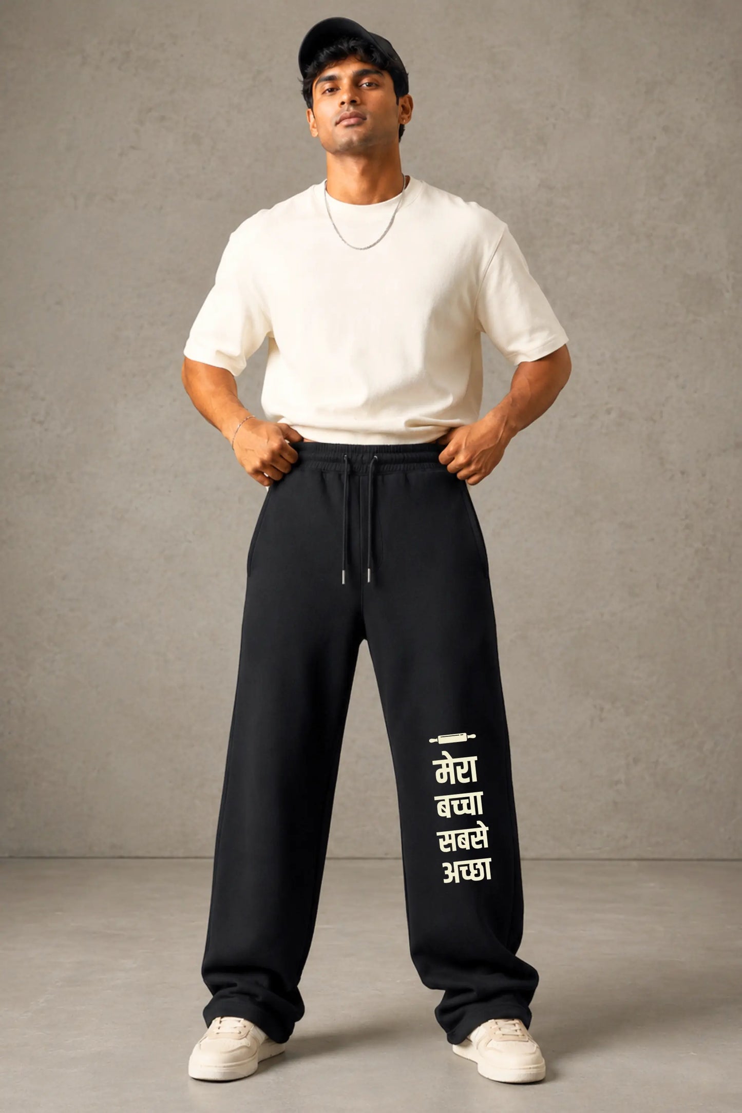 Mera Baccha Sabse Achha Hindi Slogan Sweatpants — Men Full Front View, Black Unisex Bottomwear | JUNOSHI Easy Beings