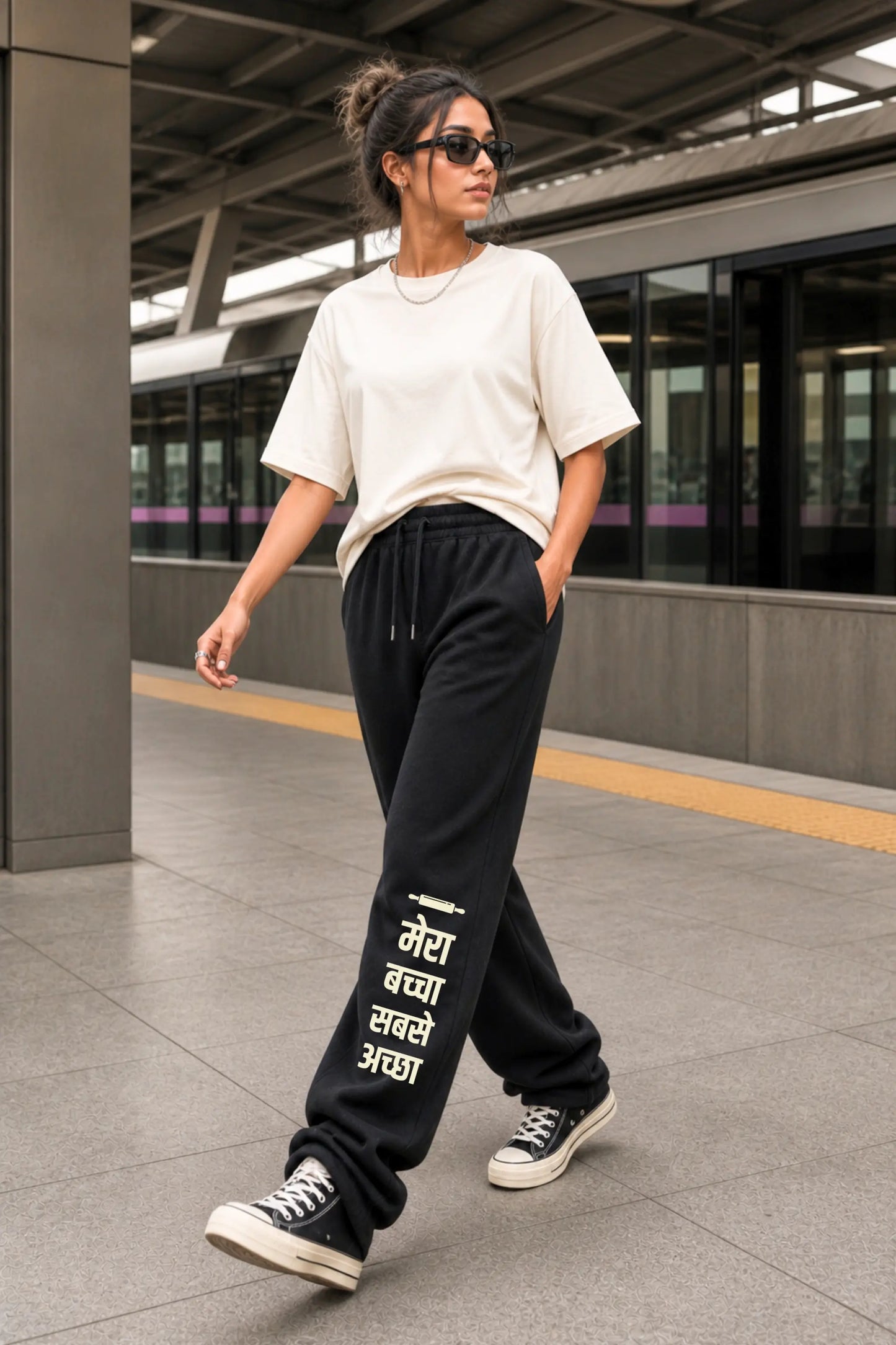 Mera Baccha Sabse Achha Sweatpants Women Lifestyle Shot — Desi Parent Pride Streetwear, Urban India | JUNOSHI Easy Beings