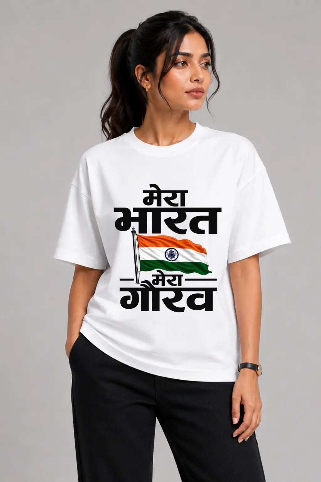 Mera Bharat Mera Gaurav — Patriotic Indian Flag Oversized Tee for Women | JUNOSHI