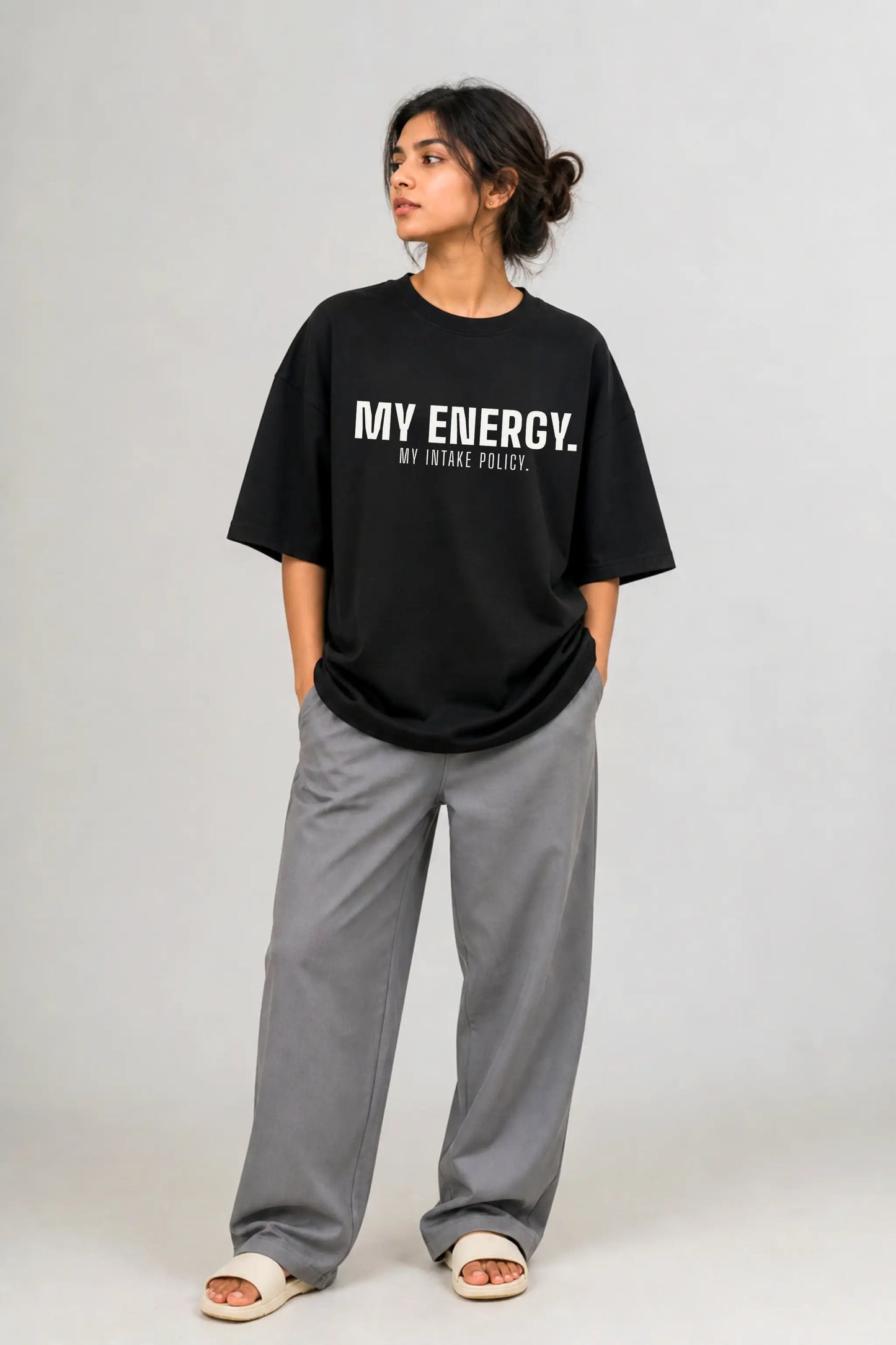 My Energy My Intake Policy Oversized Tee — Women's Full Body Front View