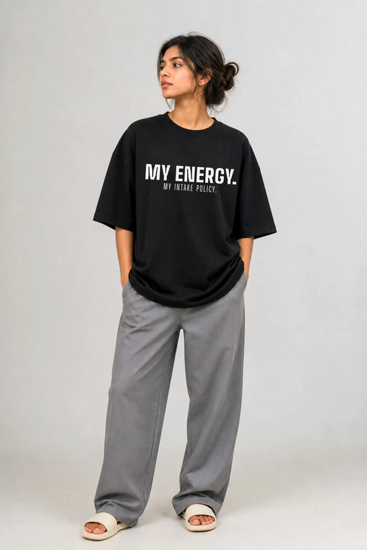 My Energy My Intake Policy Oversized Tee — Women's Full Body Front View