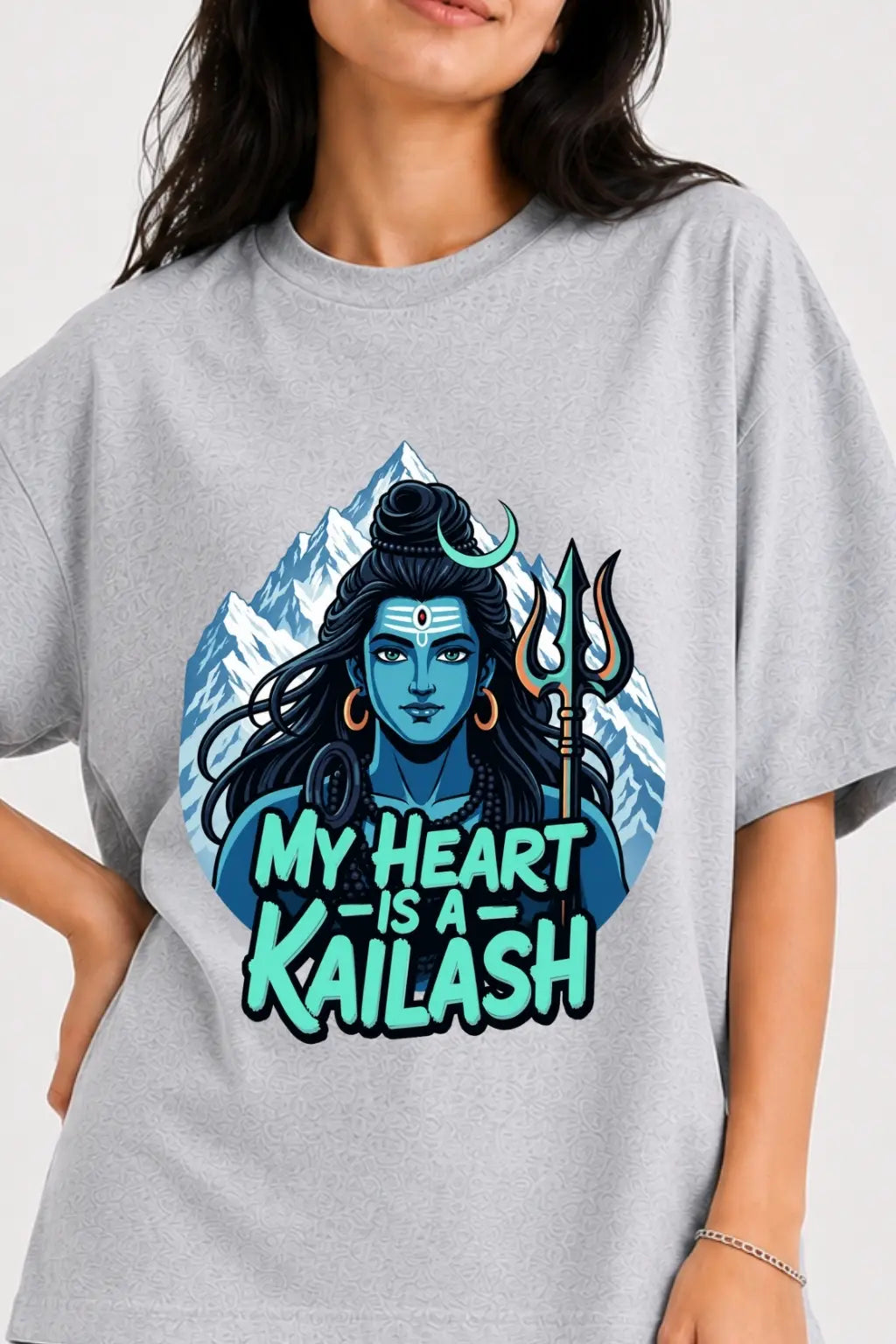 Close-up of Lord Shiva Kailash print on oversized unisex t-shirt