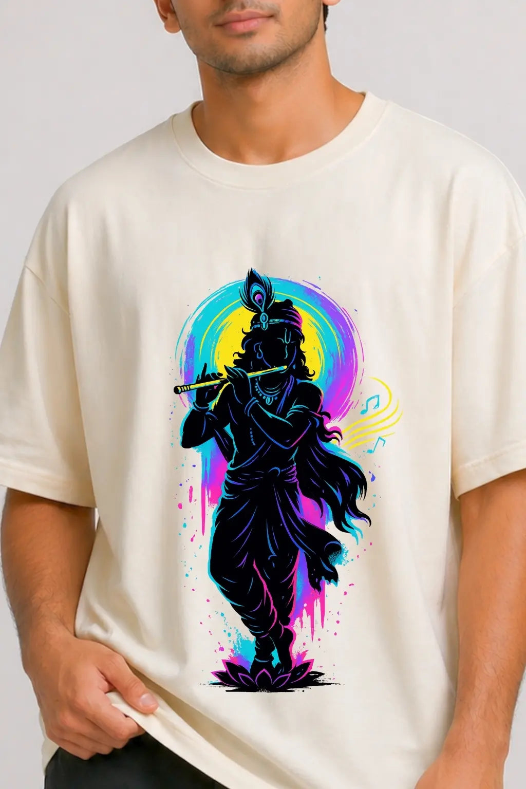 Neon Krishna Aura Graphic Closeup — Oversized Terry Tee Off-White