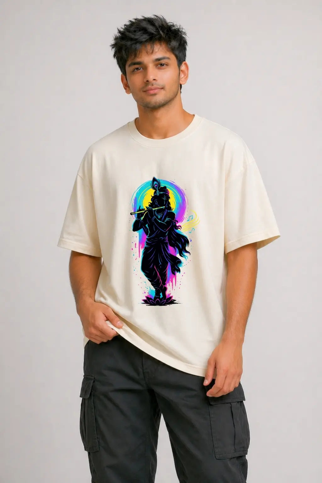Neon Krishna Aura Oversized Terry Tee in Off-White — Divine Streetwear for Men