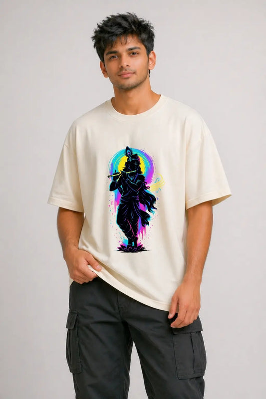 Neon Krishna Aura Oversized Terry Tee in Off-White — Divine Streetwear for Men