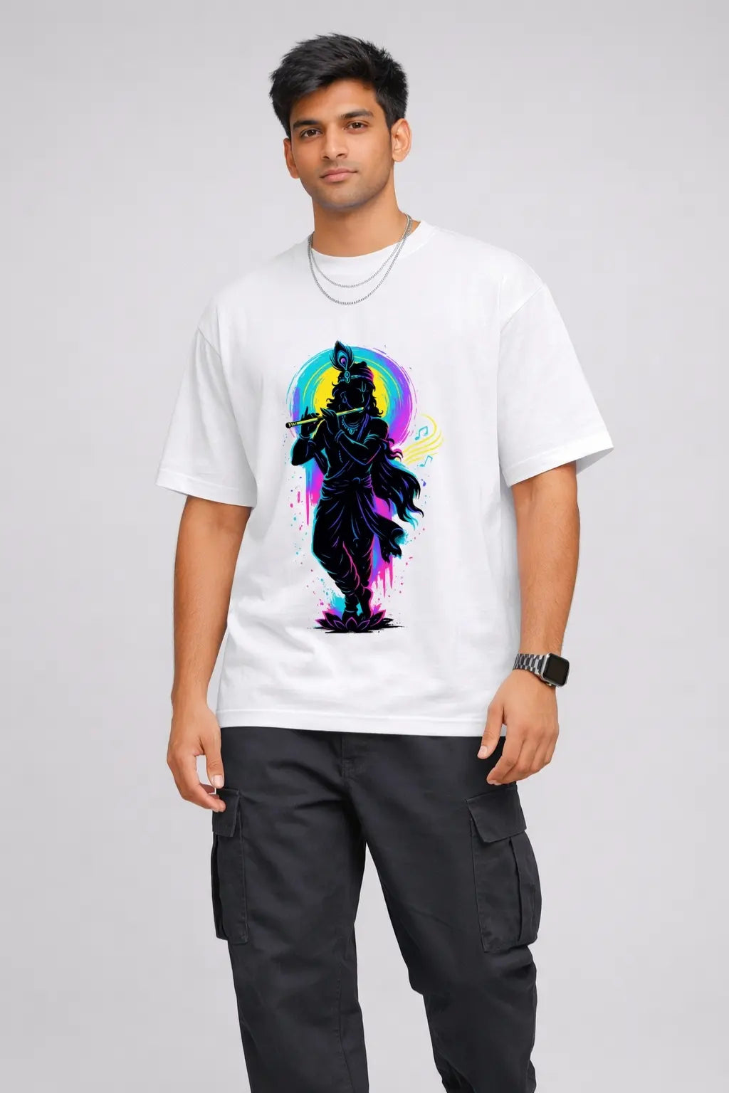 Neon Krishna Aura Oversized Terry Tee in White — Divine Streetwear for Men