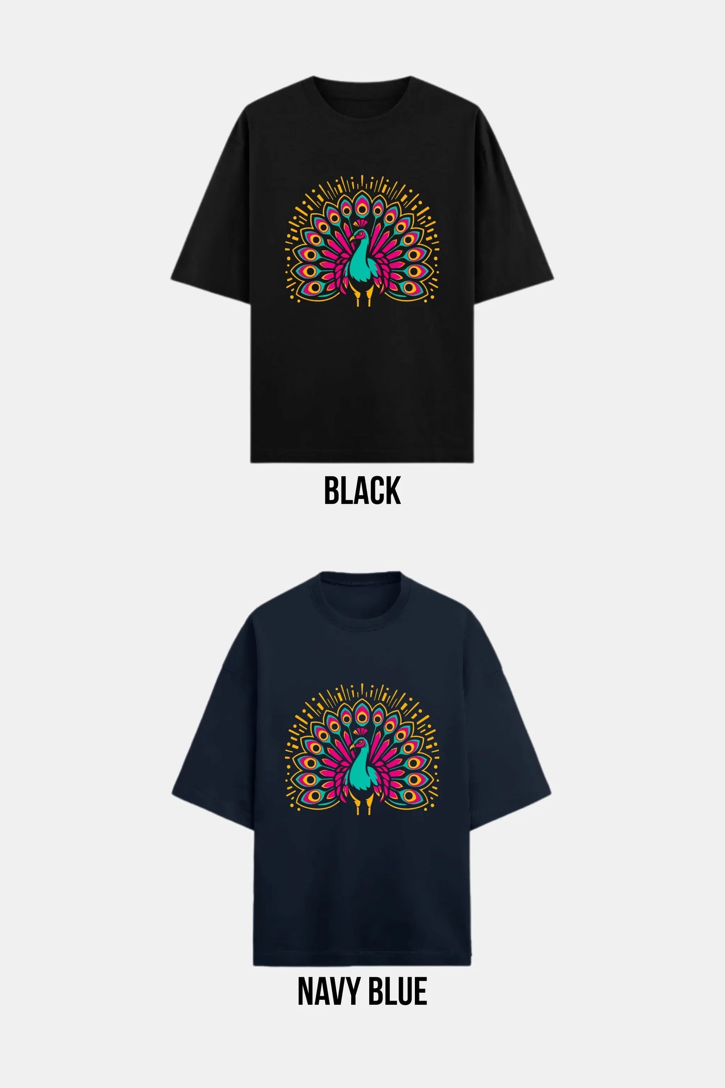 Flat lay of Neon Mor oversized terry t-shirt in black and navy blue — neon peacock graphic tee combo, unisex Indian streetwear