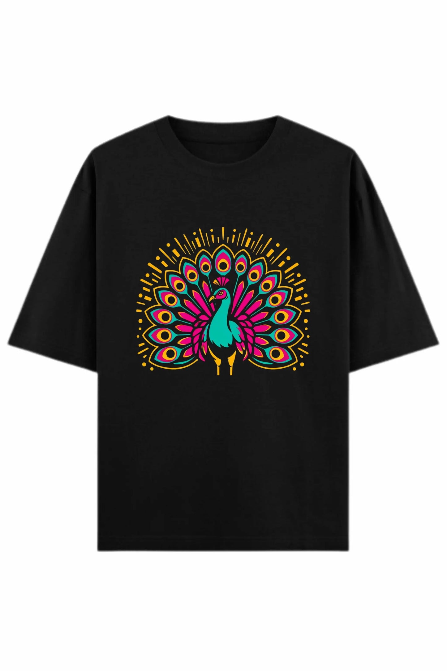 Flat lay of Neon Mor black oversized terry t-shirt showing bold neon peacock chest print — Junoshi Aesthetic Vibes collection