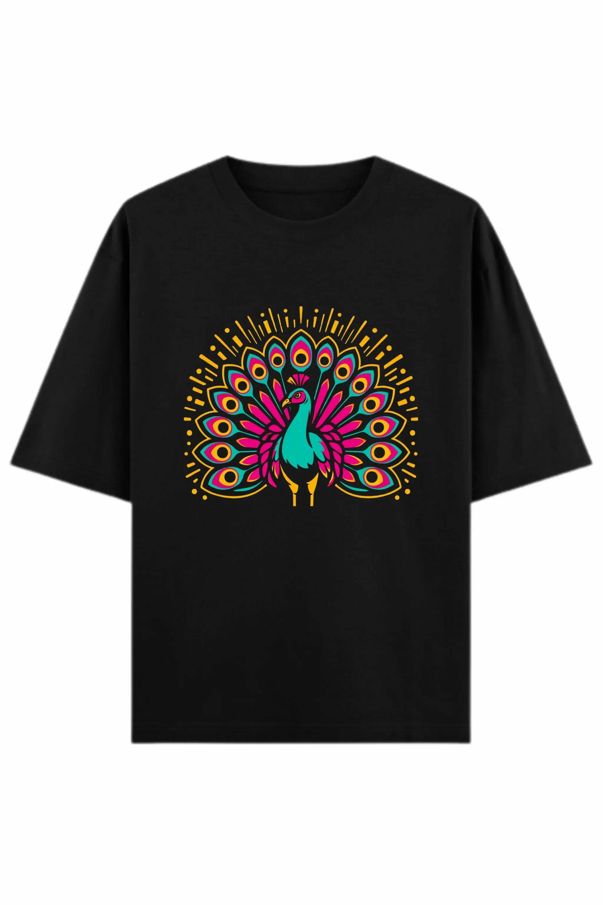 Flat lay of Neon Mor black oversized terry t-shirt showing bold neon peacock chest print — Junoshi Aesthetic Vibes collection
