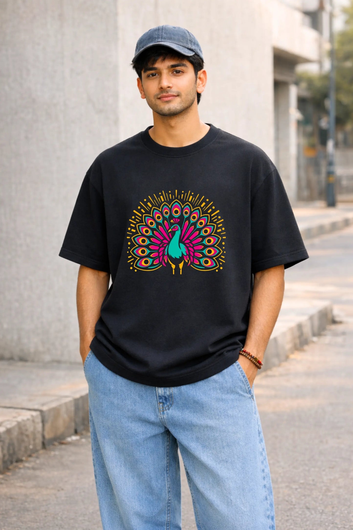 Man wearing Neon Mor black oversized terry t-shirt with neon peacock design — bold Indian graphic tee for men by Junoshi