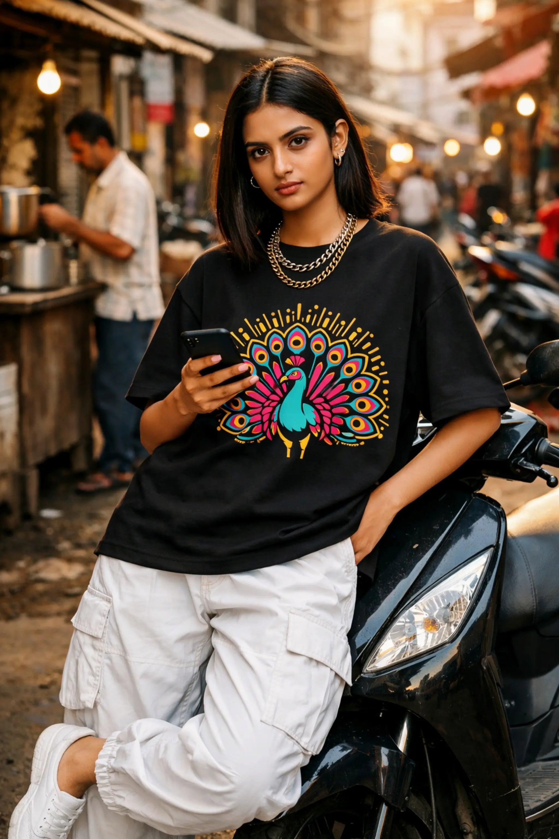 Woman in Neon Mor black oversized terry t-shirt leaning on scooter — Indian urban street style, neon peacock graphic tee by Junoshi