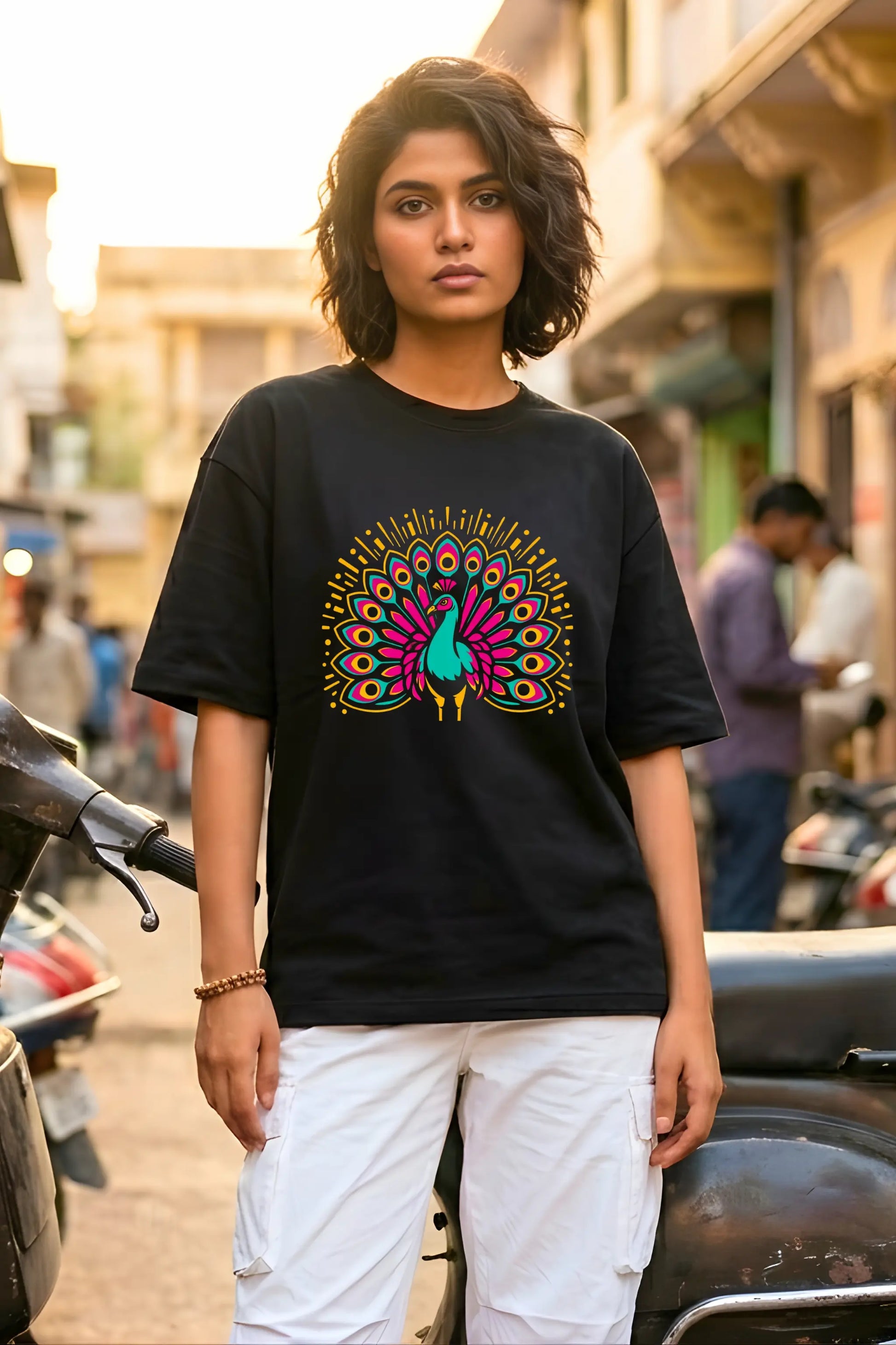 Woman wearing Neon Mor black unisex oversized terry t-shirt with neon peacock graphic — Indian streetwear by Junoshi