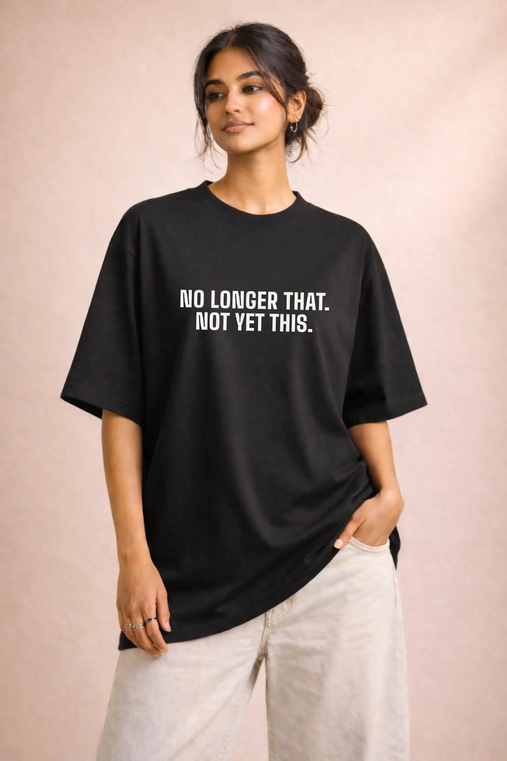 No Longer That Not Yet This — Black Oversized Tee for Women, Full Body Front View | JUNOSHI