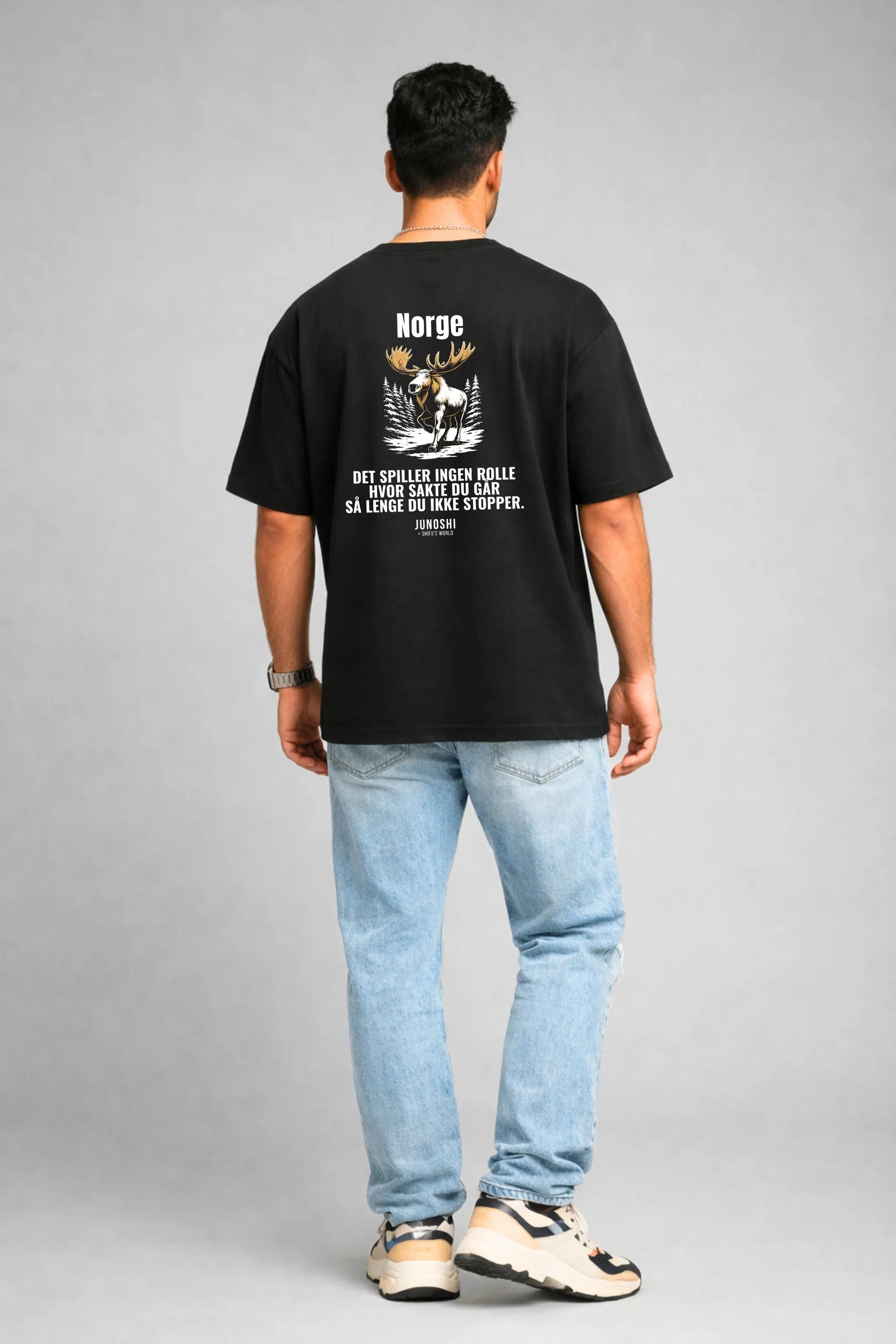 Back print — Norge moose graphic with Norwegian quote, Oversized Terry Tee by JUNOSHI Shifu's World
