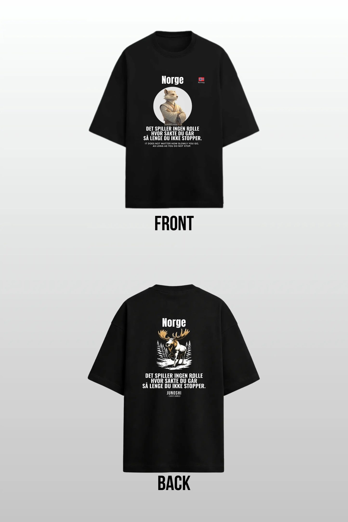 Front and back design view — Norge Ikke Stopper Oversized Terry T-Shirt, double-sided print, JUNOSHI