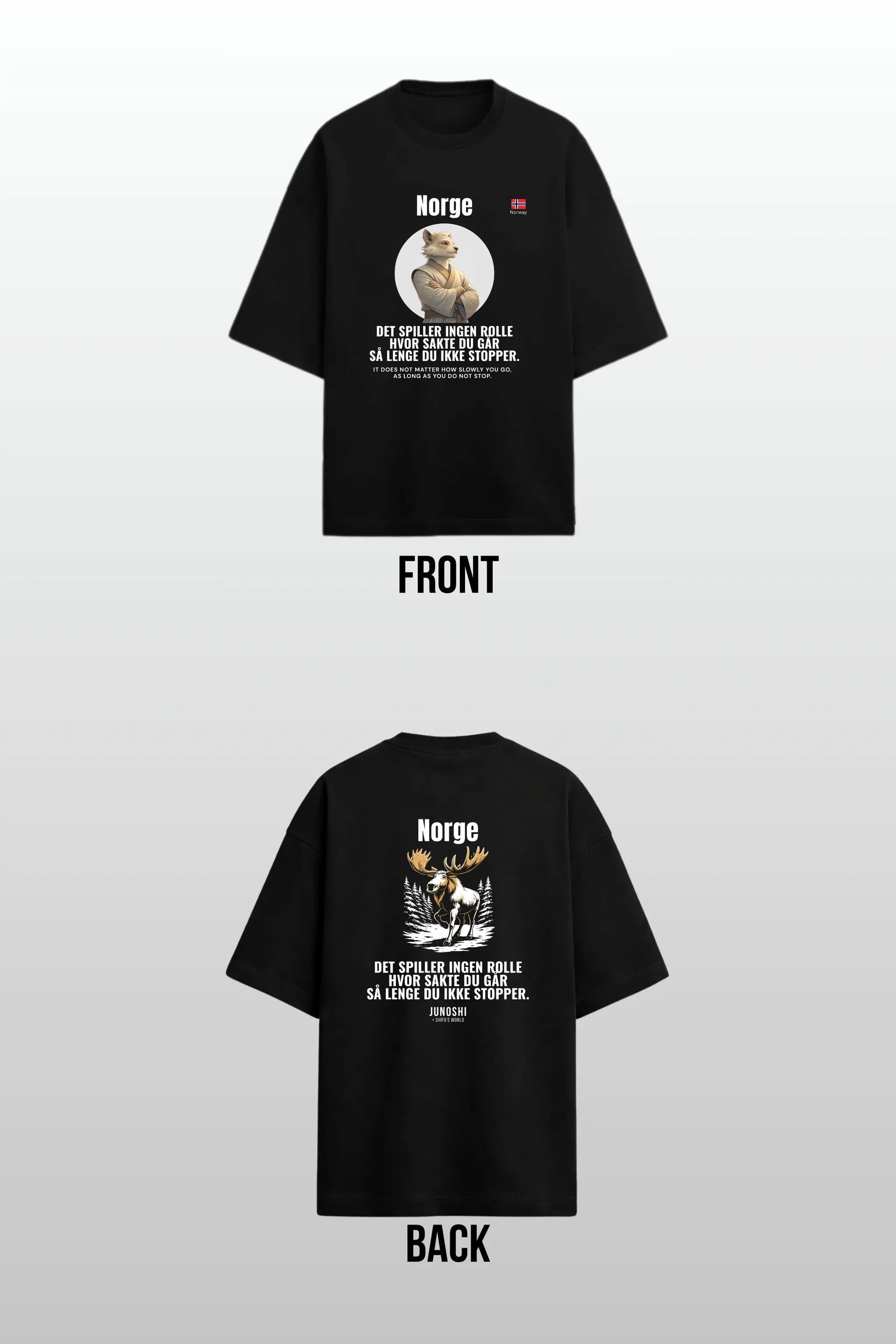 Front and back design view — Norge Ikke Stopper Oversized Terry T-Shirt, double-sided print, JUNOSHI