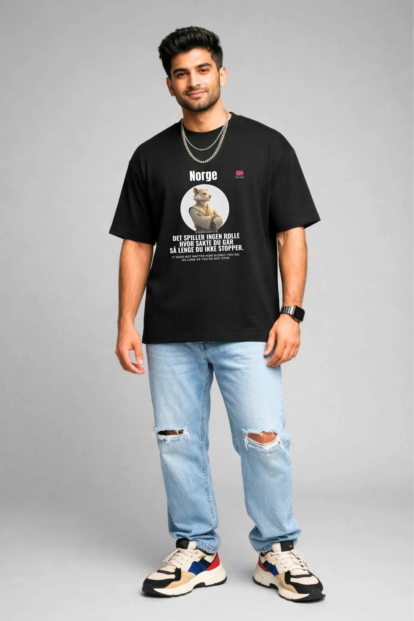 Unisex Oversized Terry T-Shirt — Norge Ikke Stopper front print, full body male model, JUNOSHI Shifu's World