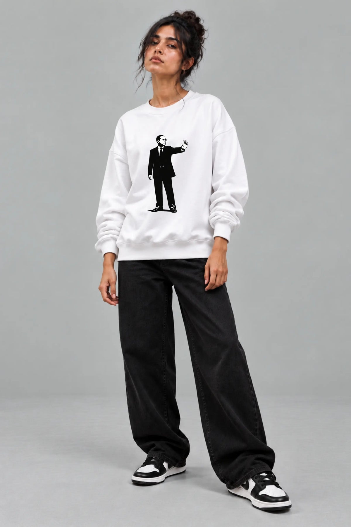 Not Born To Bow — Constitutional Pride Oversized Sweatshirt, front graphic worn by woman model | JUNOSHI