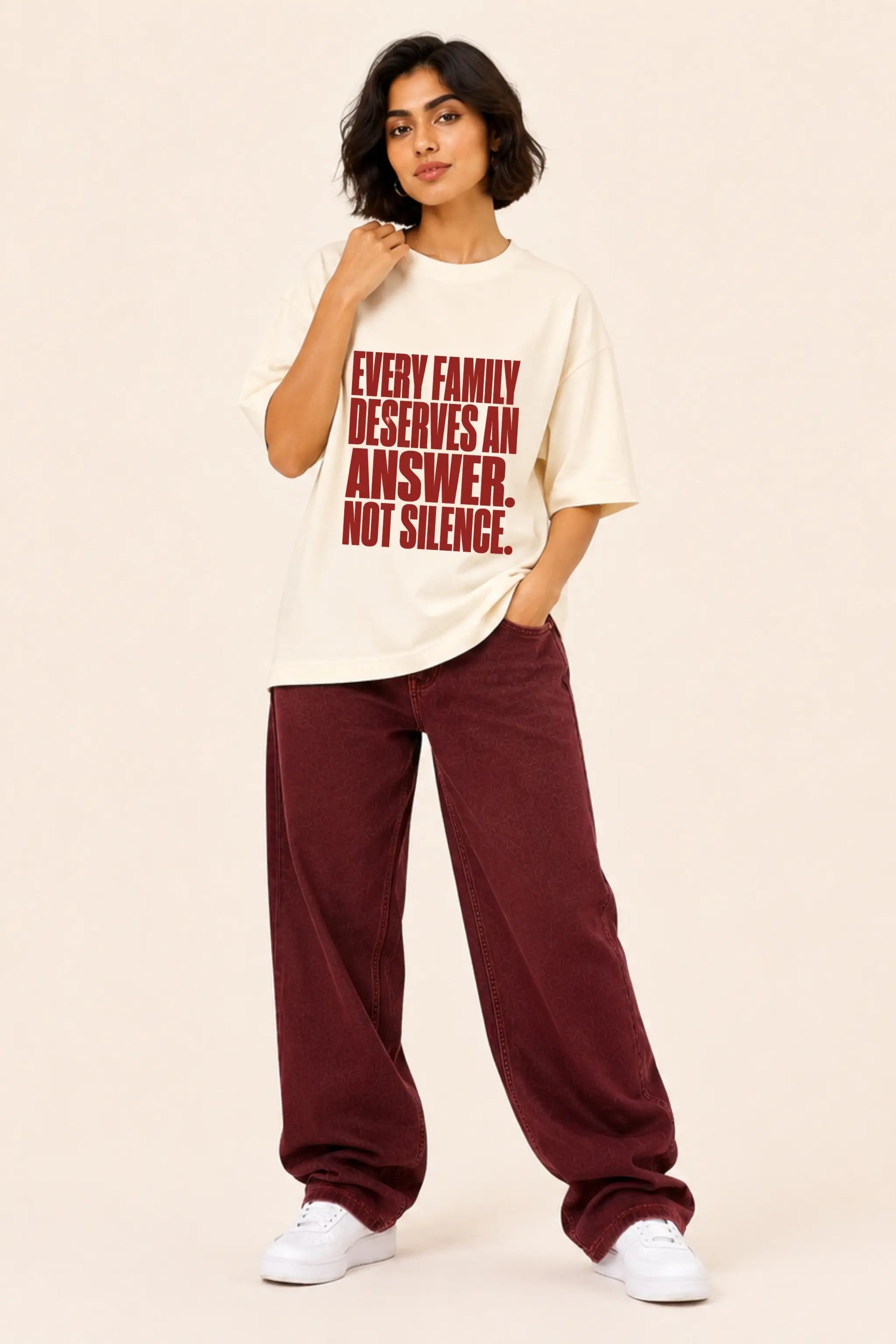 Not Silence — Written in Stone Oversized Tee for Women, Front View | JUNOSHI