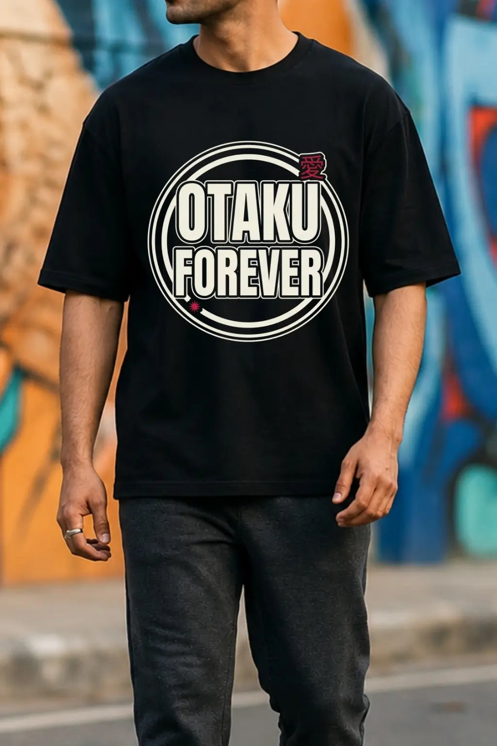 Otaku Forever Bold Circle Badge Graphic — Oversized Terry Tee Chest Detail