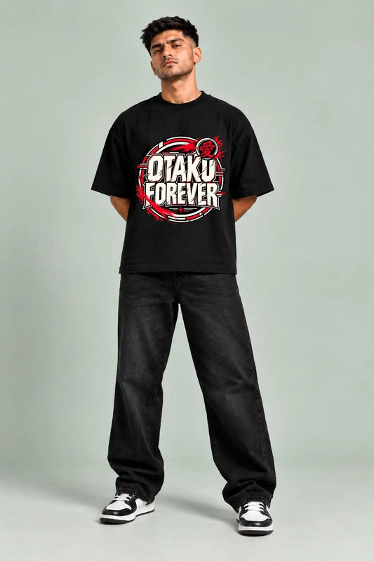 Otaku Forever — Anime Fandom Oversized Terry T-Shirt in Black, Full-Body Front View | JUNOSHI