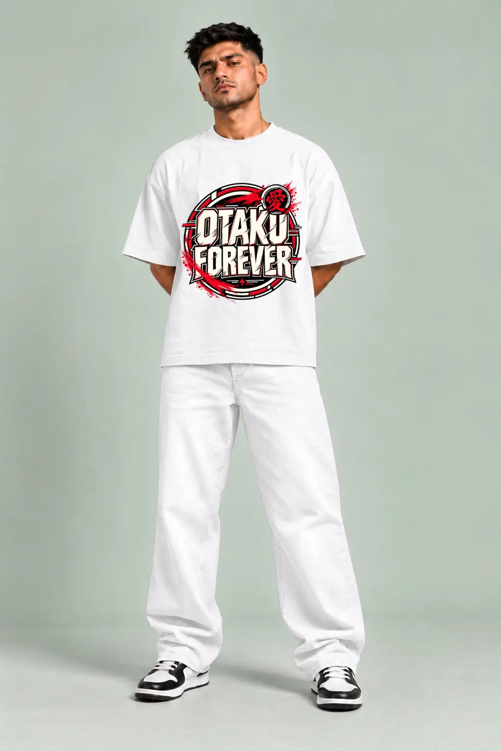 Otaku Forever — Anime Fandom Oversized Terry T-Shirt in White, Full-Body Front View | JUNOSHI
