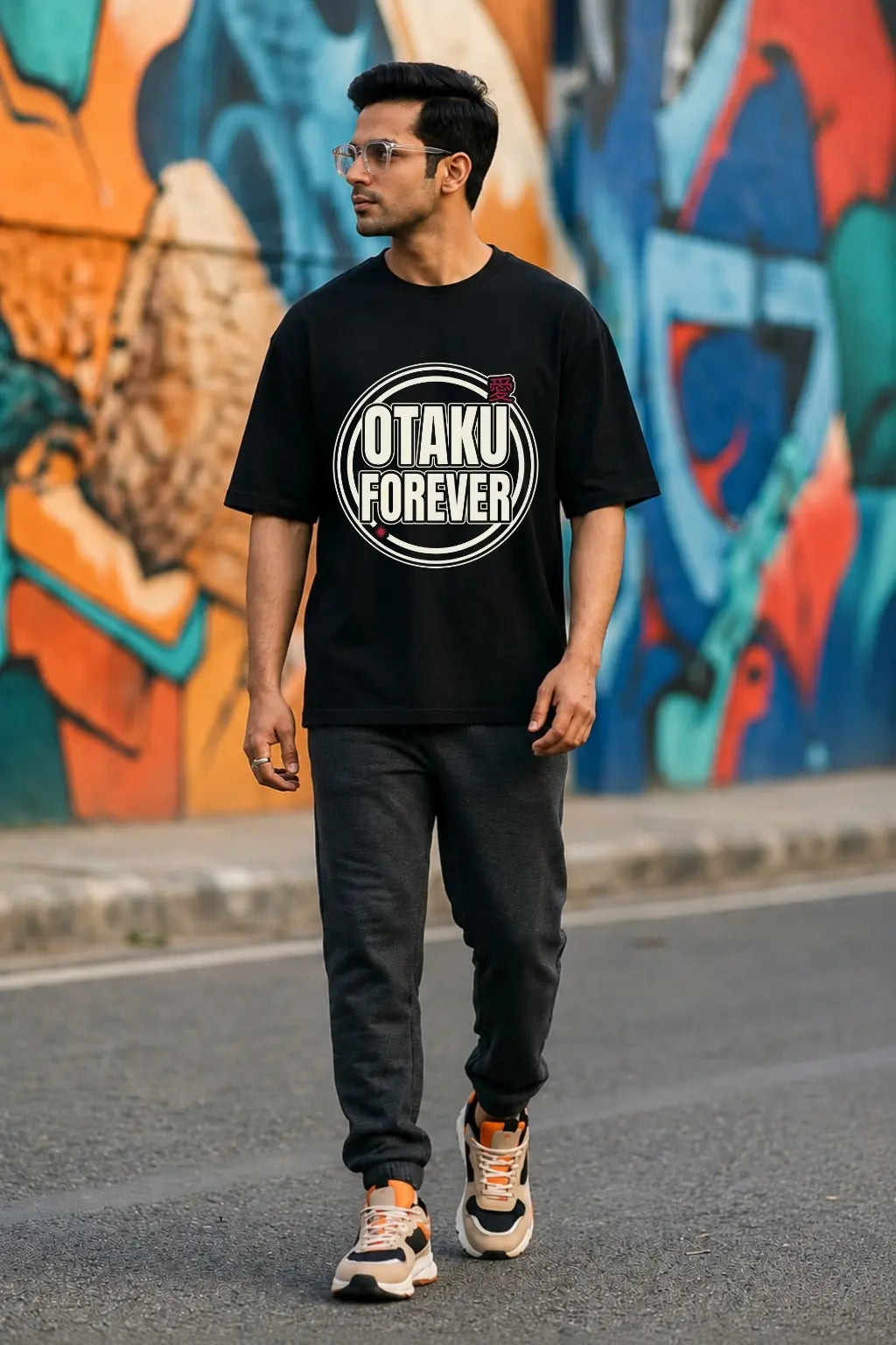 Otaku Forever Anime Streetwear Oversized Terry Tee — Full Street Look on Male Model
