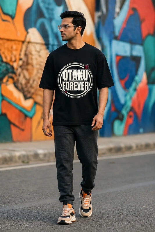 Otaku Forever Anime Streetwear Oversized Terry Tee — Full Street Look on Male Model